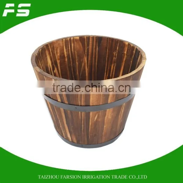 Burnt Finish Round Fir WoodenGarden Flower Planter Pot Wooden Barrel Set photo-3