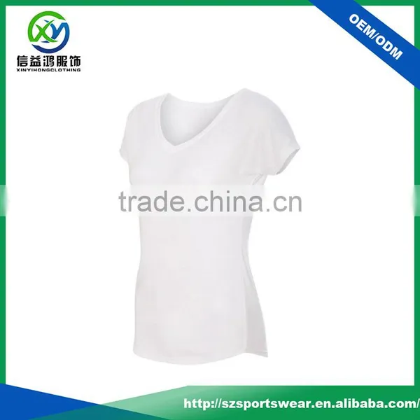 New Design 92%Polyester 8%Spandex V-neck Women Sport T Shirt With Curve Bottom photo-2