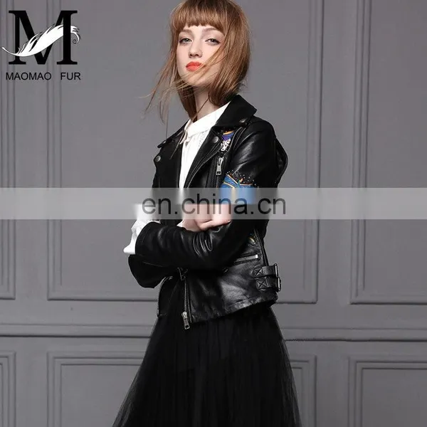 Hot Selling OEM Fashion Latest Womens Jackets Short Sheep Skin Moto Biker Leather Jacket photo-3
