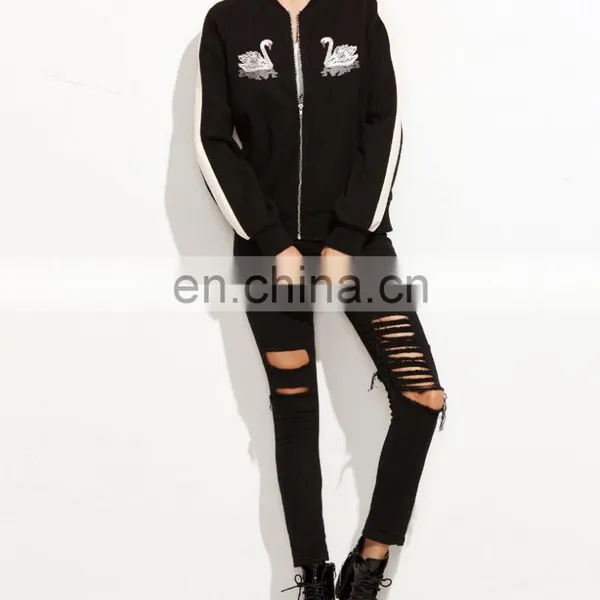 MIKA7139 White Striped Sleeve Swan Embroidered Bomber Jacket photo-5