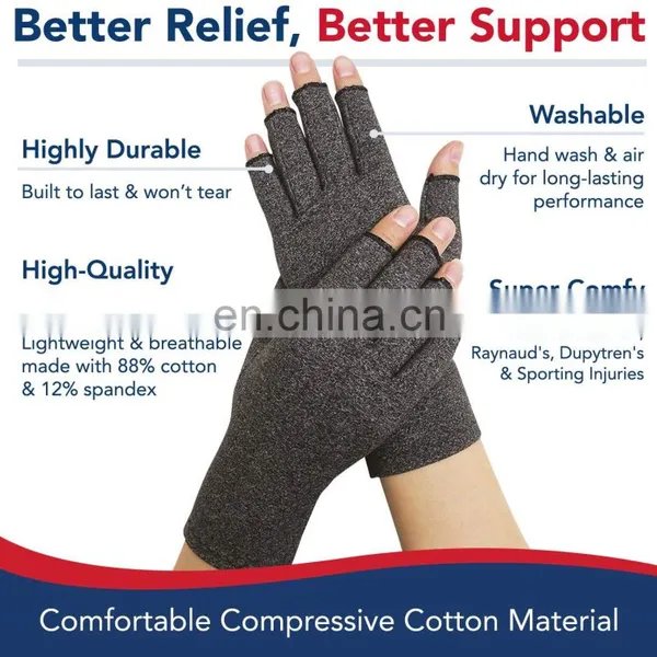 Men Women Grey Half Finger Hands Cotton Compression Arthritis Gloves For Pain Relief photo-2