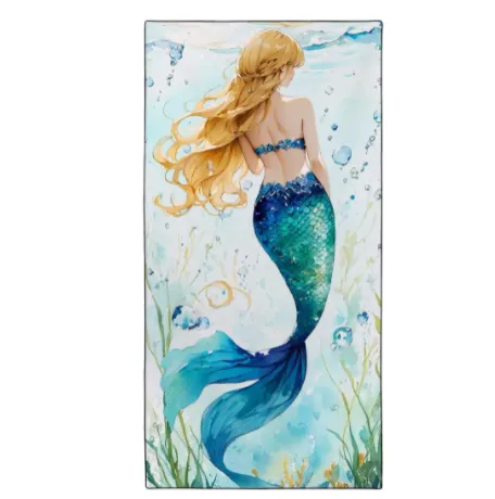 Blue-Green Scallop Mermaid Tail Beach Towel Golden Highlights Quick Dry