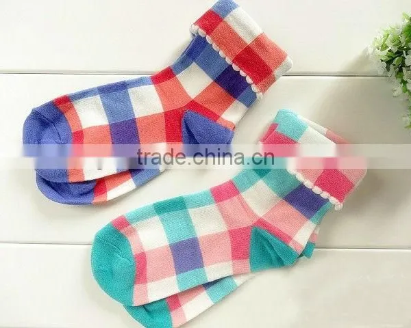 Small Fresh Female Socks Flanging Lace Plaid Cotton Socks, Cotton Socks