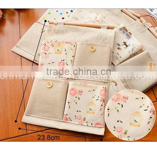 4 Pcs Cotton Pockets Wall and Door Print Flower Picture and Nature Wooden Stick Multifunctional Storage Hanging Bag photo-2