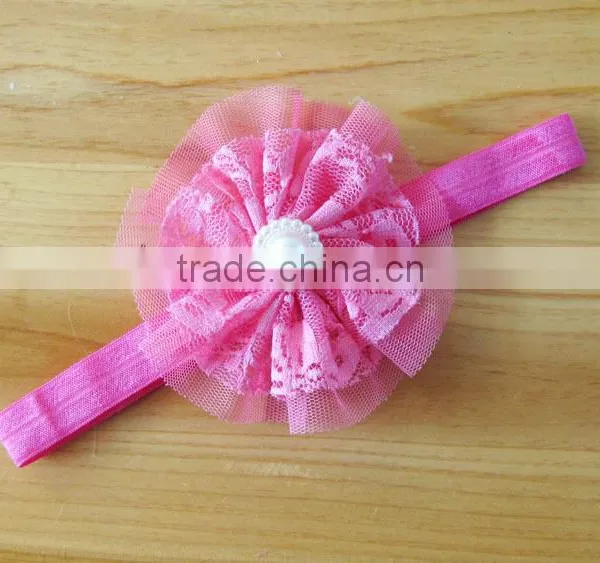 Lace Flower Headband With Pearl Rhinestone in Center for Kids Hair Accessories photo-5