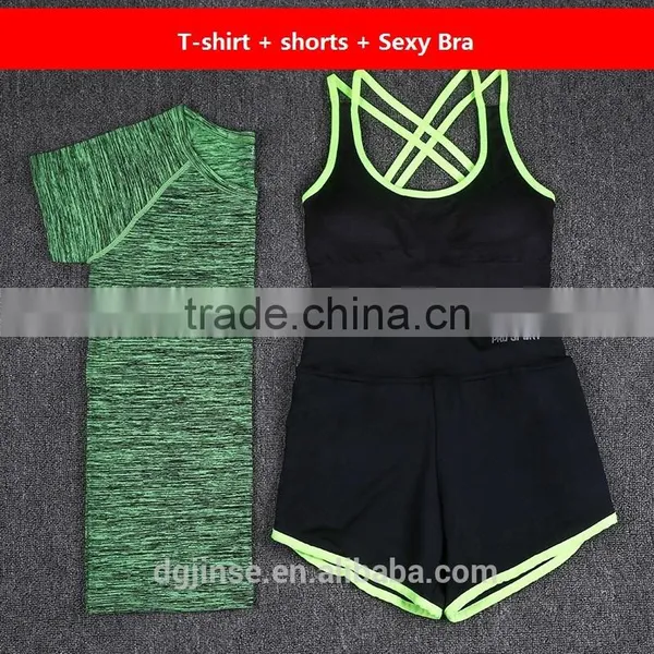 The New Fashion Yogawear Workout Clothes Drier Tight Elastic Shock Bra Shirts and Shorts Three Peices Suits for Women