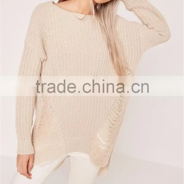 Custom Made Women Longline Oversized Knitwear Private Label Own Branding Sweater Distressed Off Shoulder Jumper Cream photo-3