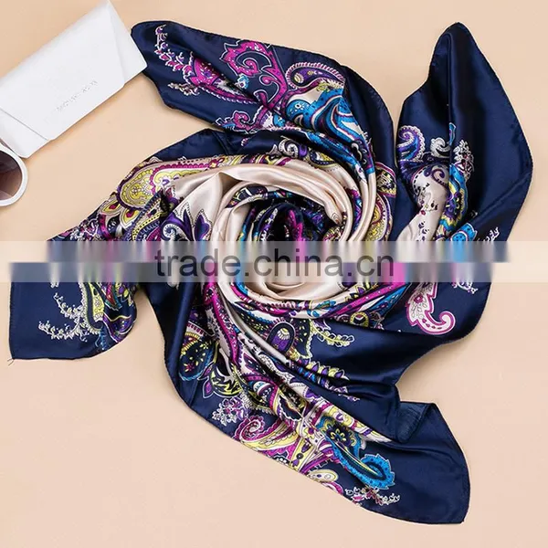 2017 Fashion Lady's Custom Digital Print Silk Satin Square Lady Scarf 90*90 photo-2