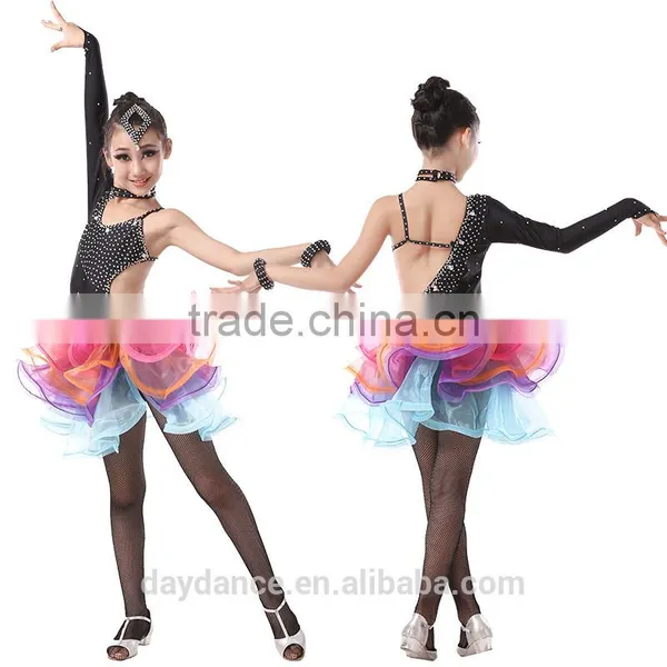 Girls Salsa Latin Performance Dresses Child Unequal Dance Dress Kids Fluorescent Rainbow Colored Ballroom Dresses photo-2