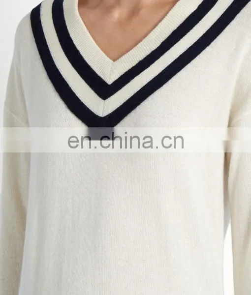 High Quality Varsity V-neck Wool and Cashmere-blend Sweater Fashion Design Women Long Sleeve Sweater photo-3