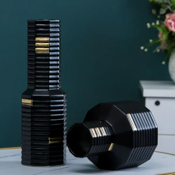 Black Gild Nordic Light Luxury Fashion Hand Made Ceramic Flower Vase For Home Decor photo-2