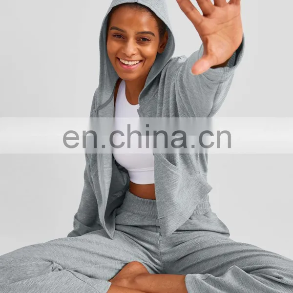 OEM & ODM Ladies Jogging Sweatsuit Waffle Wide Leg Pants Two Piece Sets Workout Training Women Sports Tracksuit Gym Fitness Set photo-4