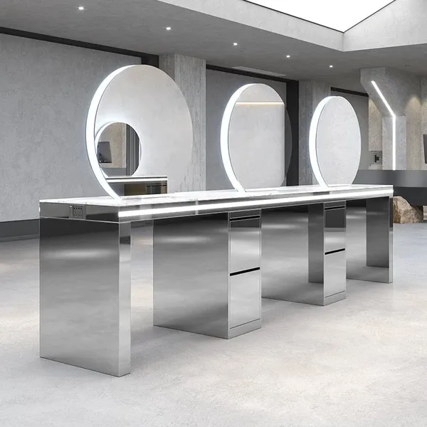 Stainless Steel Hair Salon Mirror Luxury Led Light Wall Mounted Hair Salon Mirrors Station