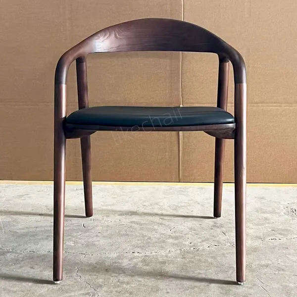 Nordic Ash Wood Armchair Minimalist Home Solid Wood Leather Back Dining Cafe Restaurant Chair for Indoor Furniture