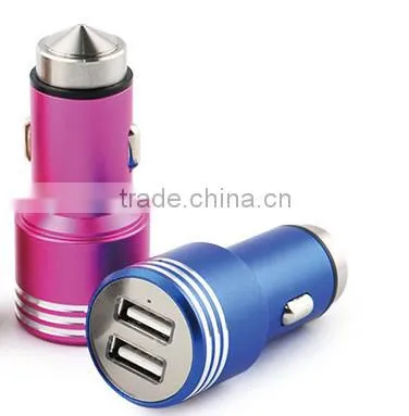 2016 New High Quality 5V 3.1A Car Chargers Dual 2 USB Stainless Steel Emergency Escape Hammer Chargers