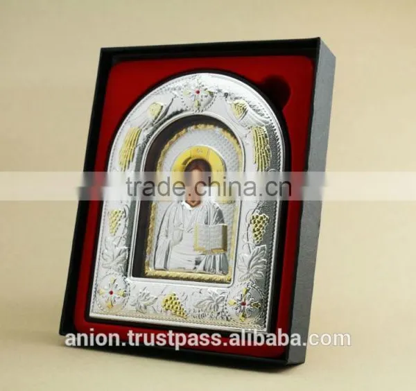 Greek & Russian Orthodox Big Wooden Icon. Christ Pantocrator. Silver Edging photo-2
