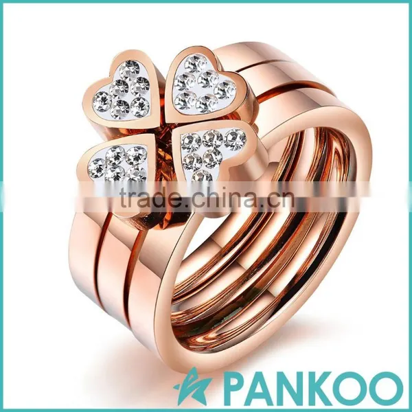 2016 Fishion Jewelry Lucky Clover Rose Gold Plated Stainless Steel Inlay Cubic Zirconia Rings