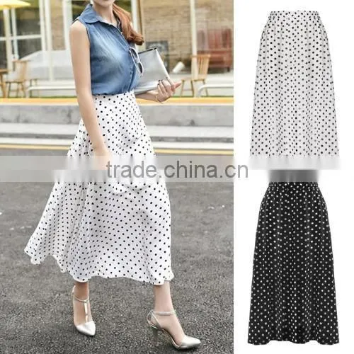 Stylish Lady Women Sweet Medium Elastic Waist Dot Chiffon Mild-calf Casual Pleated Skirt photo-2