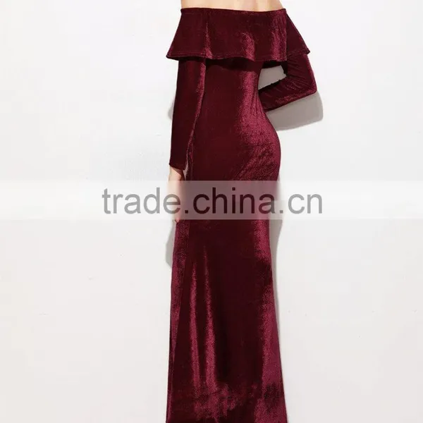 New Style Off the Shoulder Long Sleeve Flounce Layered Neckline Maxi Evening Dress Women New Sexy Fishtail Velvet Dresses photo-3