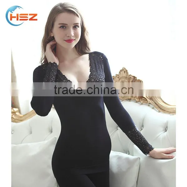 Hsz-TU005 V-neck Nylon Lace Top Ladies Winter Thick Underwear Wholesale Female Thermal Underwear photo-4