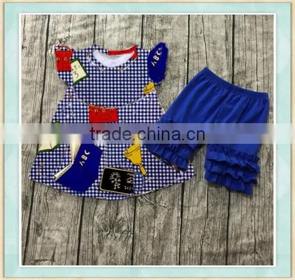 Back to School Boutique Outfit Flutter Sleeve and Bule Ruffle Short Pant Holiday Clothing Kids Sets photo-2