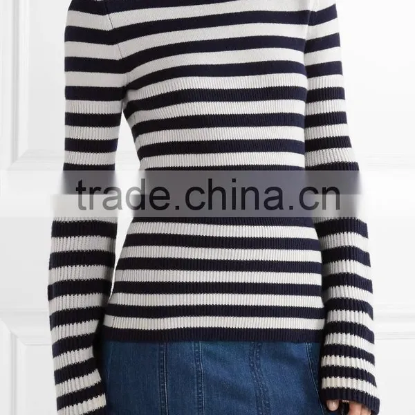 Among Best Selling Bell Sleeved Navy Blue and White Striped Women Spring Sweater photo-2