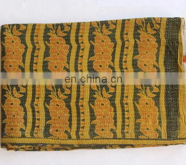 Quilt Handmade Reversible Kantha Vintage Bedspread Gudari Quilt Yellow Free Ship photo-2
