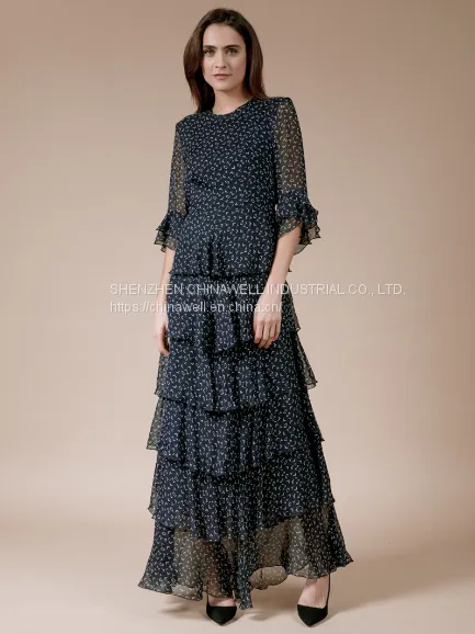 Ladies' 100%silk Chiffon Short Sleeve Ruffler Edge Print Dress photo-4