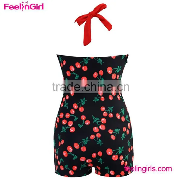 Girls Black and Red Cherry Print Retro High Waist Bikini photo-3