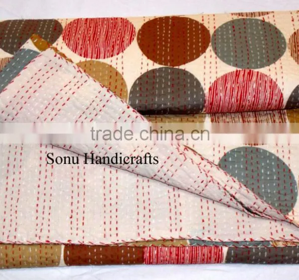 Queen Size Polka Dots Print Reversible Kantha Quilt Indian Sari Quilt Handmade Kantha Quilt Glazed Cotton photo-3
