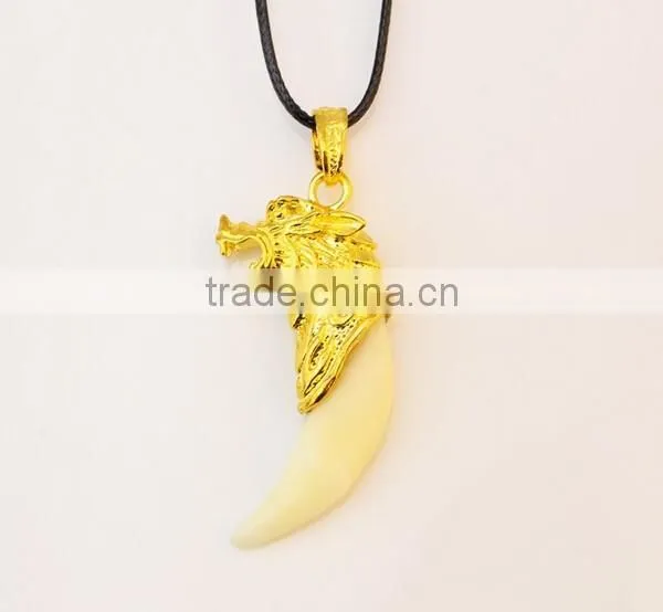 Retro Cool Men's Charm Choker Wolf Tooth Pendant Genuine Leather Alloy Necklace photo-4