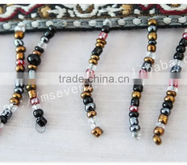 Newest Design 5 cm Width Ethnic Embroidery Nylon Webbing With Beaded Fringe photo-3