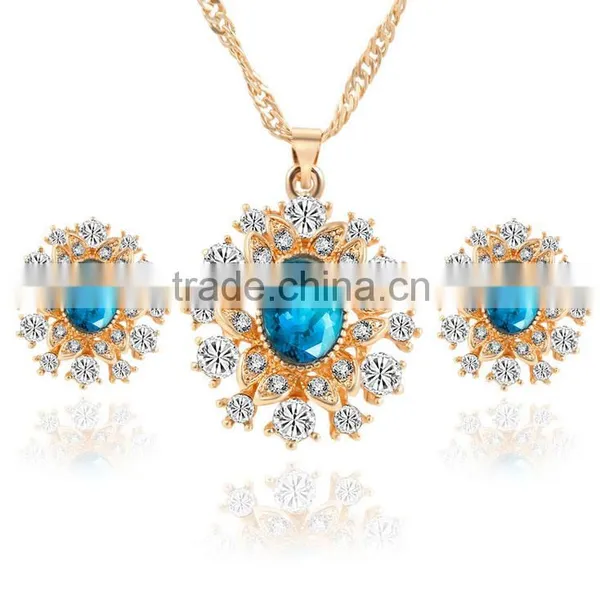 High Quality Big Green Stone Korea Wedding Necklace and Earring Sets Gold Jewellery photo-2