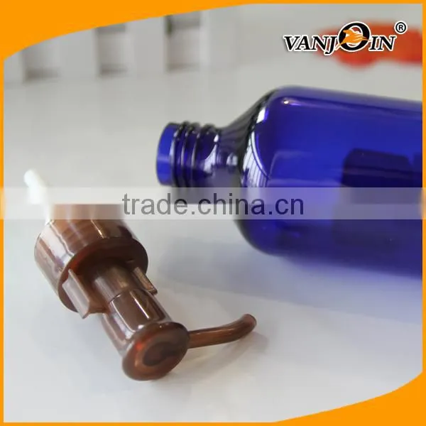 200ml Cobalt Blue Boston Round Pleastic Bottle With Brown Lotion Pump photo-4