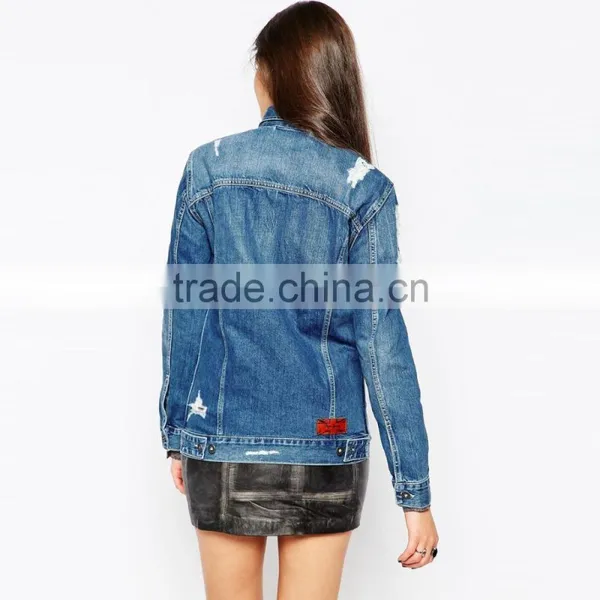 Long Style Young Girl Ripped Denim Jacket Women Cheap photo-2