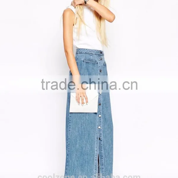 New Arrival Button Front Ladies Denim Skirt Wholesale Jean Maxi Skirts 2015 photo-2