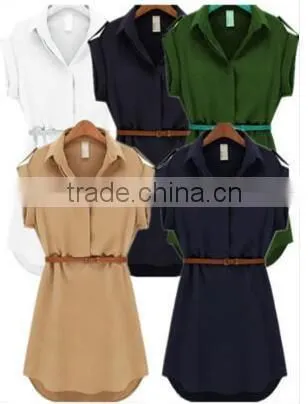 Onen Trade Assurance Latest Girl Casual Wear Short Sleeve Chiffon Shirt Style Dress With Belt Plus Sizes photo-2
