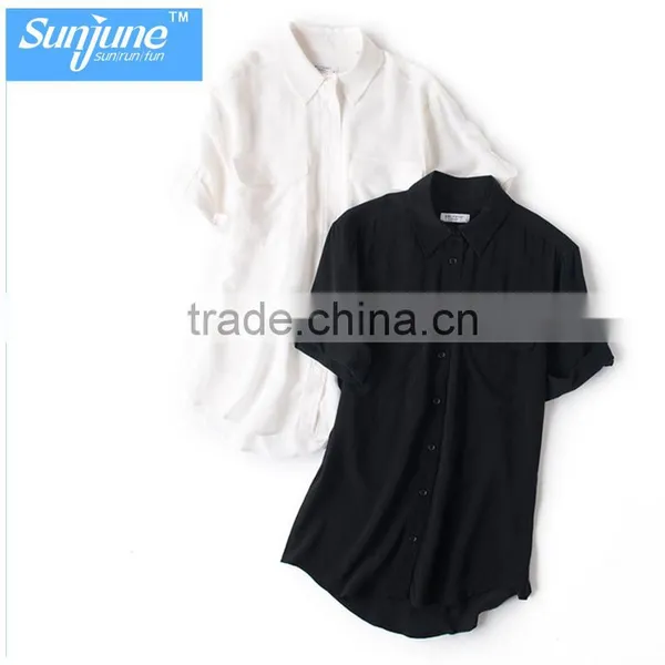 High End Womens 100% Silk Short Sleeve Plain Formal Blouse photo-3