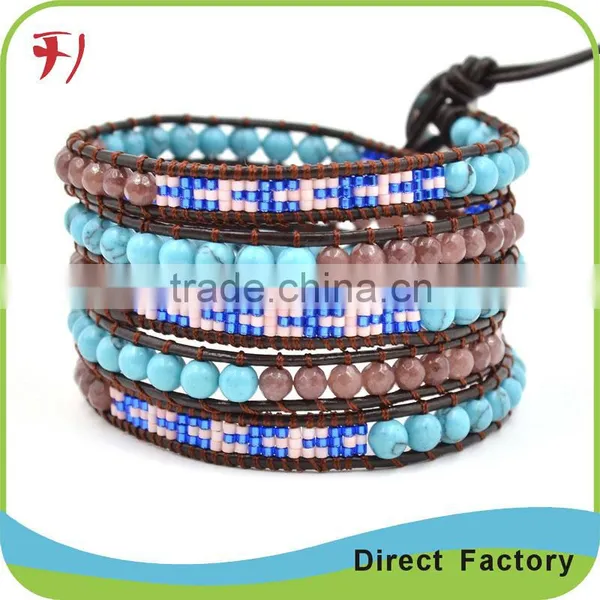 Gold And Red Mix Color Bead Wrap Bracelet With Stainless Steel Clasp On Black Leather