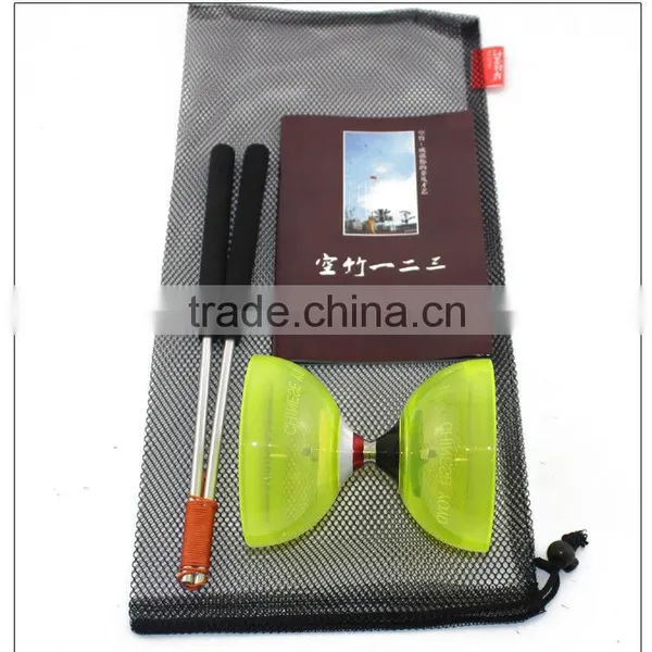 One New Chinese YOYO 3 Bearing Diabolo Set Metal Sticks Transparent Blue Purple Green String Bag
