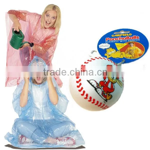 2014 100%ECO Plastic Poncho Ball With Keychain, Clear Disposable Waterproof Rain Poncho Mac