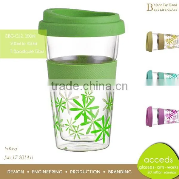 Colorful Silicone Handle and Cap Available Glass 300ml Coffee Mug photo-3