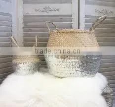 Silver Sequin Belly Basket, Seagrass Dipped Bottom Basket, Folding Basket photo-2