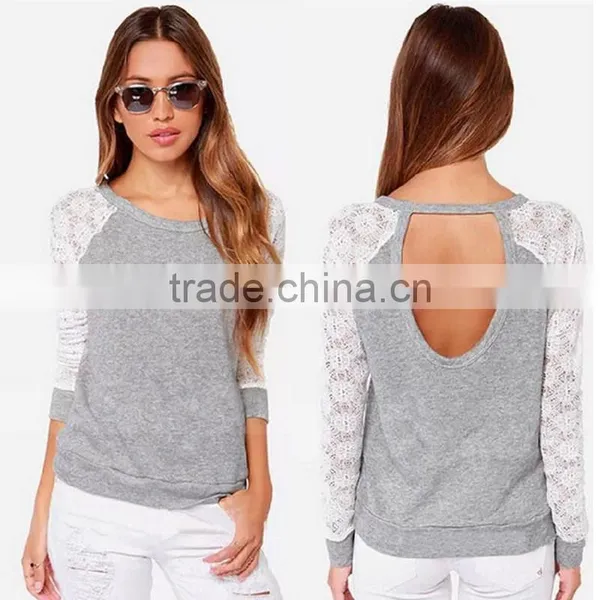 5 Size Choice Women Grey Fashion O Neck Backless Latest Lace Stitching Long Sleeve t Shirt Design photo-3