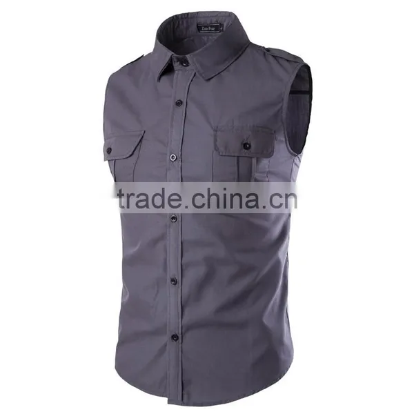 Two Chest Pockets Sleeveless Casual Cotton Men Shirts photo-2