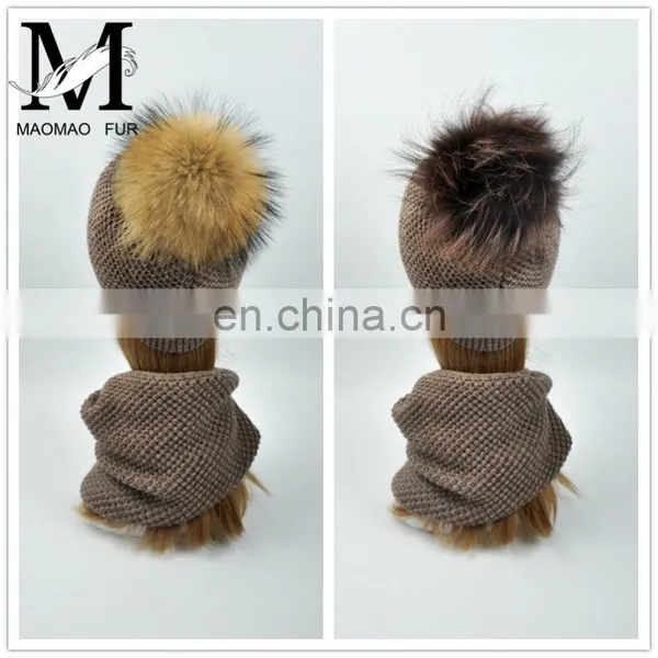 Wholesale Knitted Scarf Women Raccoon Fur Ball Winter Hat All in One Hat and Scarf photo-5