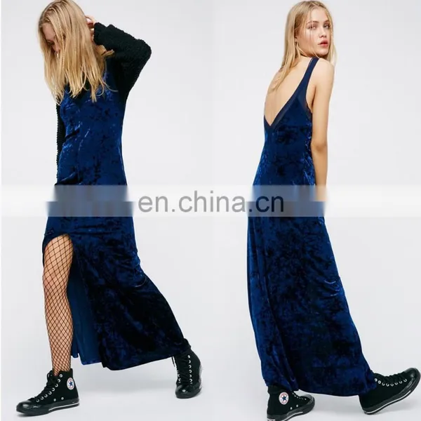 Fashion Design V Neck Back Bare Velvet Maxi Dress Woman photo-2