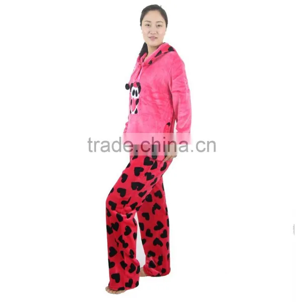 Kevince Flannel Pyjama Set Heart Print Cap Knitting Woman Clothing Nightwear Homewear MOQ 1000sets photo-3