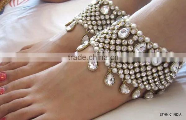 PEARL CRYSTAL Payal ANKLETS Pair Feet Bracelet Gold Plated photo-4