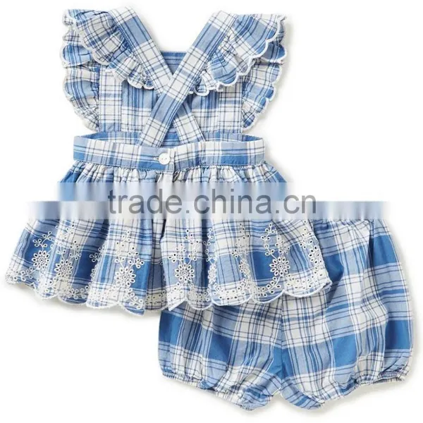 2017 New Fashion Wholesale Gingham Children's Boutique Clothing Baby Seersucker Bubble Clothes Set photo-2